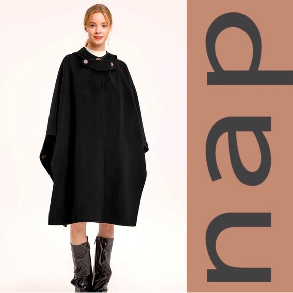 nap loungewear Jackets & Blazers - nap loungewear black Vivian Hooded Wool Cape Coat (OS)